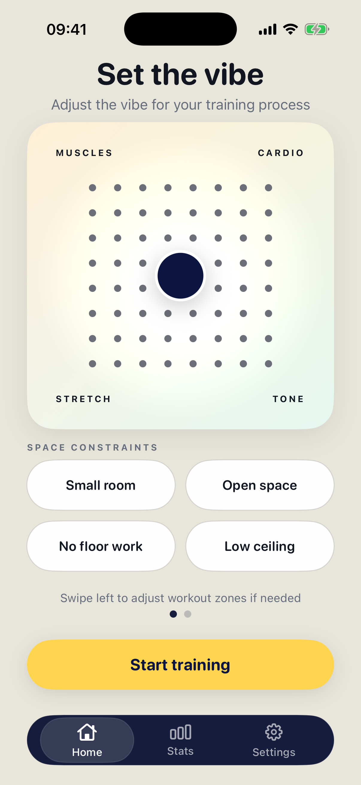 Set the vibe screen with a balanced vibe position and four space-constraint choices.