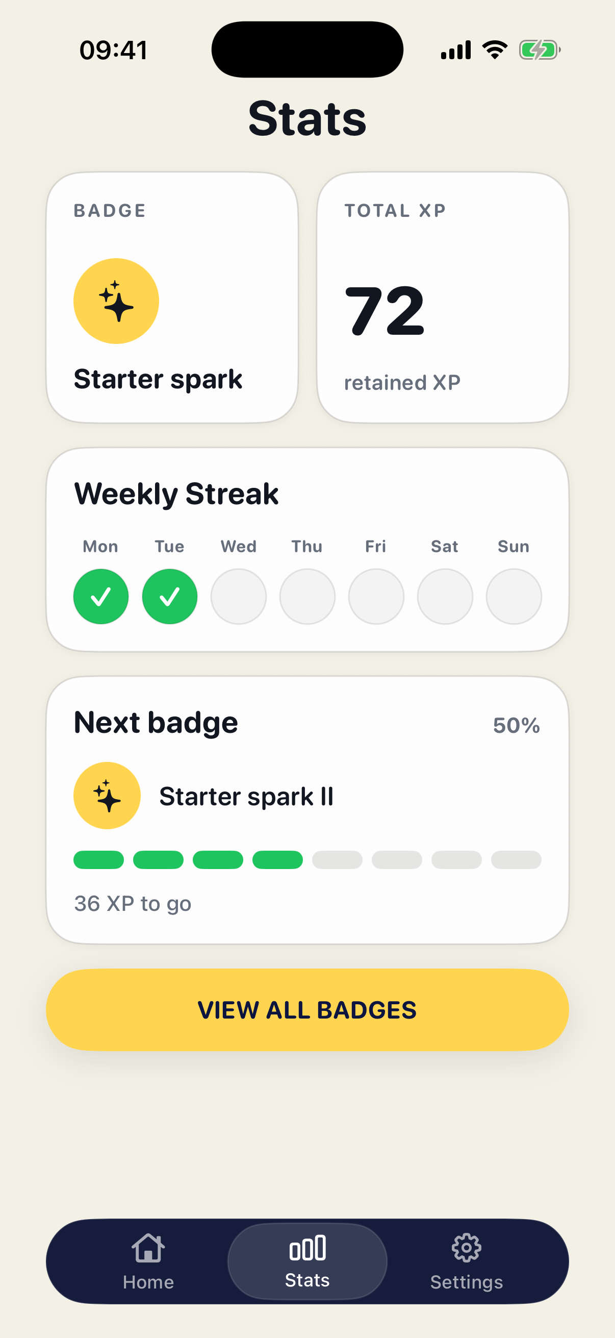 Stats screen showing modest synthetic workout totals, streak, XP, and badge progress.
