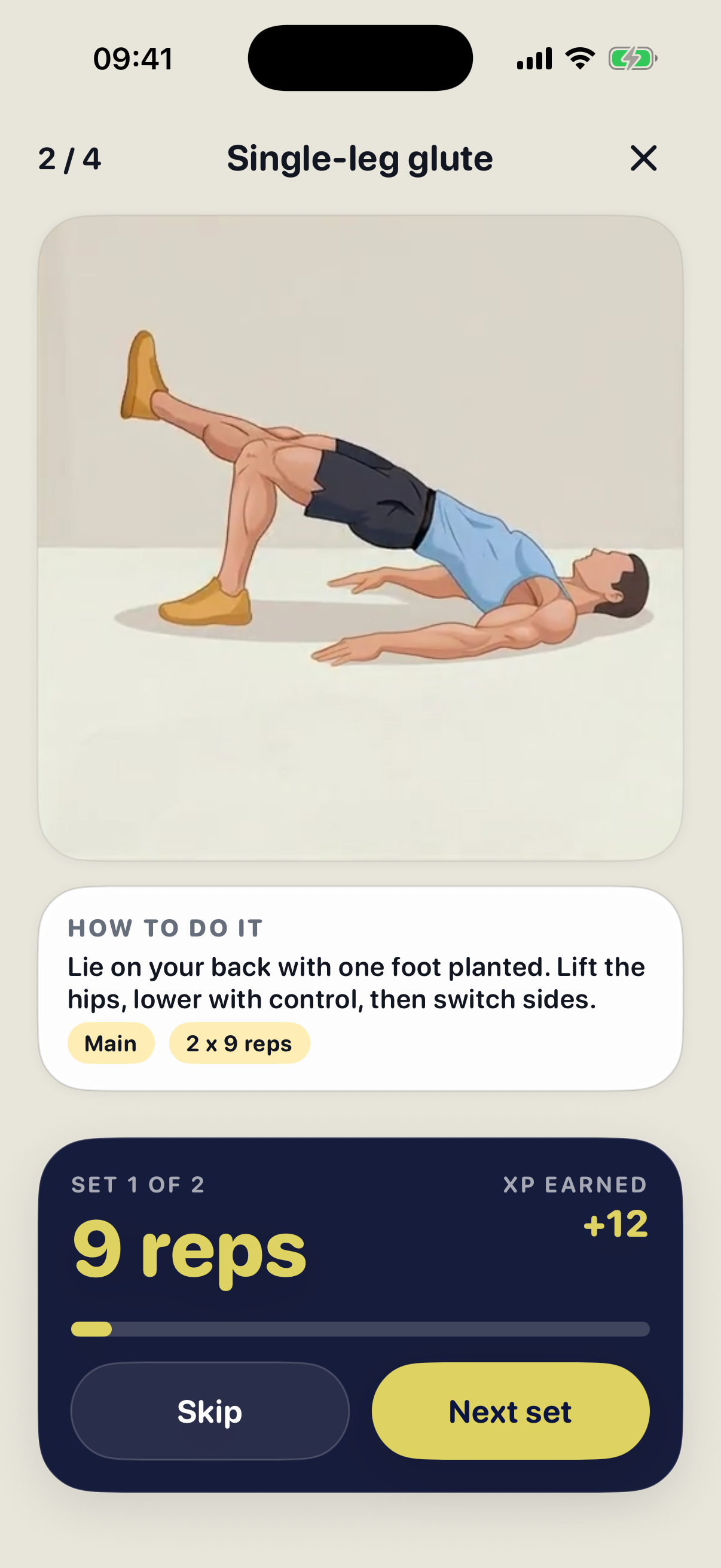 Active Single-leg glute workout showing exercise progress, reps, sets, and earned XP.